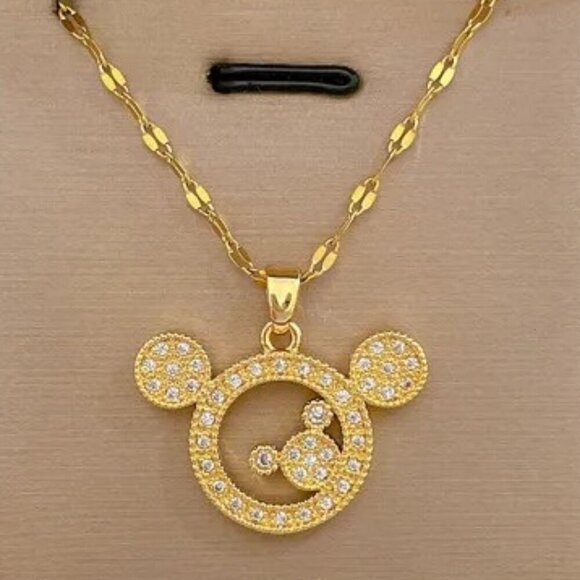 18k Gold Plated Stainless Steel Zircon Stone Mickey Mouse Pendant and Lip Chain - Picture 1 of 12